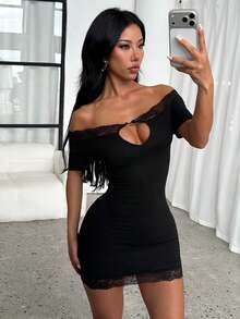 Summer Off-Shoulder Contrast Lace Short Dress, Suitable For Parties, Gatherings, Vacations, Beach - Black - View 6