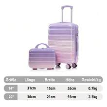 طقم حقائب سفر 2 قطعة 14"/20" من البولي كربونات مع قفل رقمي وحقيبة مستحضرات تجميل 14" (بنفسجي) - مشاهدة 3