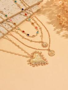 4pcs/Set Fashionable Design Colorful Rhinestone Necklace Elegant Versatile Gold Heart Sun Moon Pendant Decor Multi-Layer Stackable Necklace Popular Women's Neck Jewelry Suitable For Daily Wear And Date Party Wear Handmade Chain Cut By Length Number Of Sections Colorful Rhinestone Quantity And Color Arrangement Are Random And Not Fixed - Multicolor - View 2