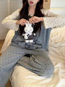 Gongdie طقم بيجامة نسائي Miffy من قطعتين، ملابس منزلية من القطن الناعم باللون الرمادي للربيع/الخريف، بنقشة نقاط وأرنب لطيف - رمادي - مشاهدة 5
