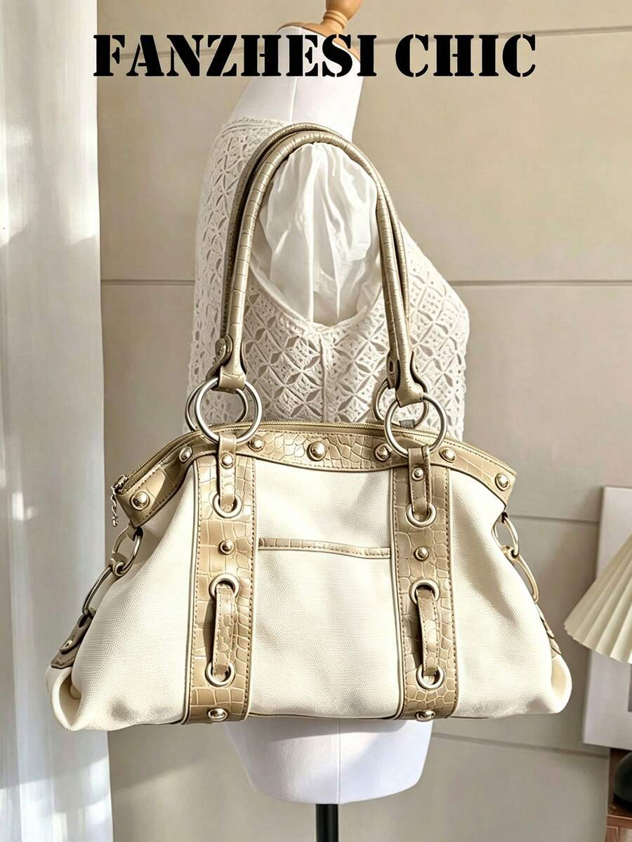 鉚釘裝飾女款腋下包,可拆卸肩帶、拉鍊開合,酷感獨特小眾日常街頭約會通勤休閒斜挎包 - 米色 - 查看 1