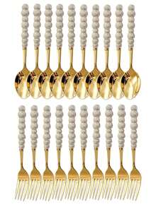 2/10/20pcs Beautiful Pearl Shaped Stainless Steel Tableware Silverware Set, Golden,Including Ceramic Handle Spoons, Forks, Unique And Elegant Porcelain With Shell Luster, Kitchen Tools And Accessories, Perfect For Restaurants, Daily Family Meals - Multicolor - View 17