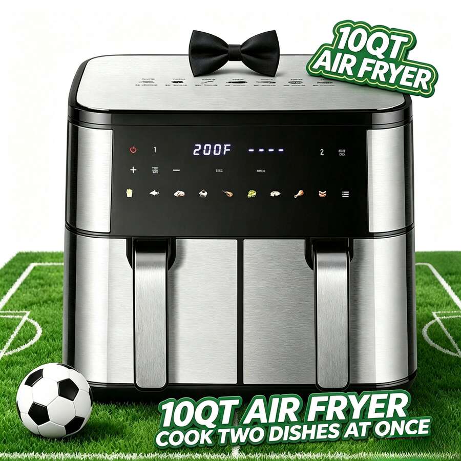 MIRASTON Upgraded Large 10QT Dual Air Fryer, 1700W Oven,8 Presets LED Touch Digital Screen, Shake Reminder, Nonstick Basket, Stainless Steel Electric Hot Oilless Cooker,Silver, For Festive Occasions,Kitchen Appliances, Father's Day Gift,Stainless Steel304
