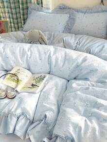 Blue Small Floral Ruffle Trim 4-Piece Bedding Set, French Country Style Bedding Set, Breathable Soft All-Season Bedding Set, Includes 1 Duvet Cover, 1 Bed Sheet, 2 Pillowcases, No Filling, Suitable For Bedroom, Dorm, Home Use, Multiple Size Options, Back To School Dorm Decor, College Decor - Blue - View 7