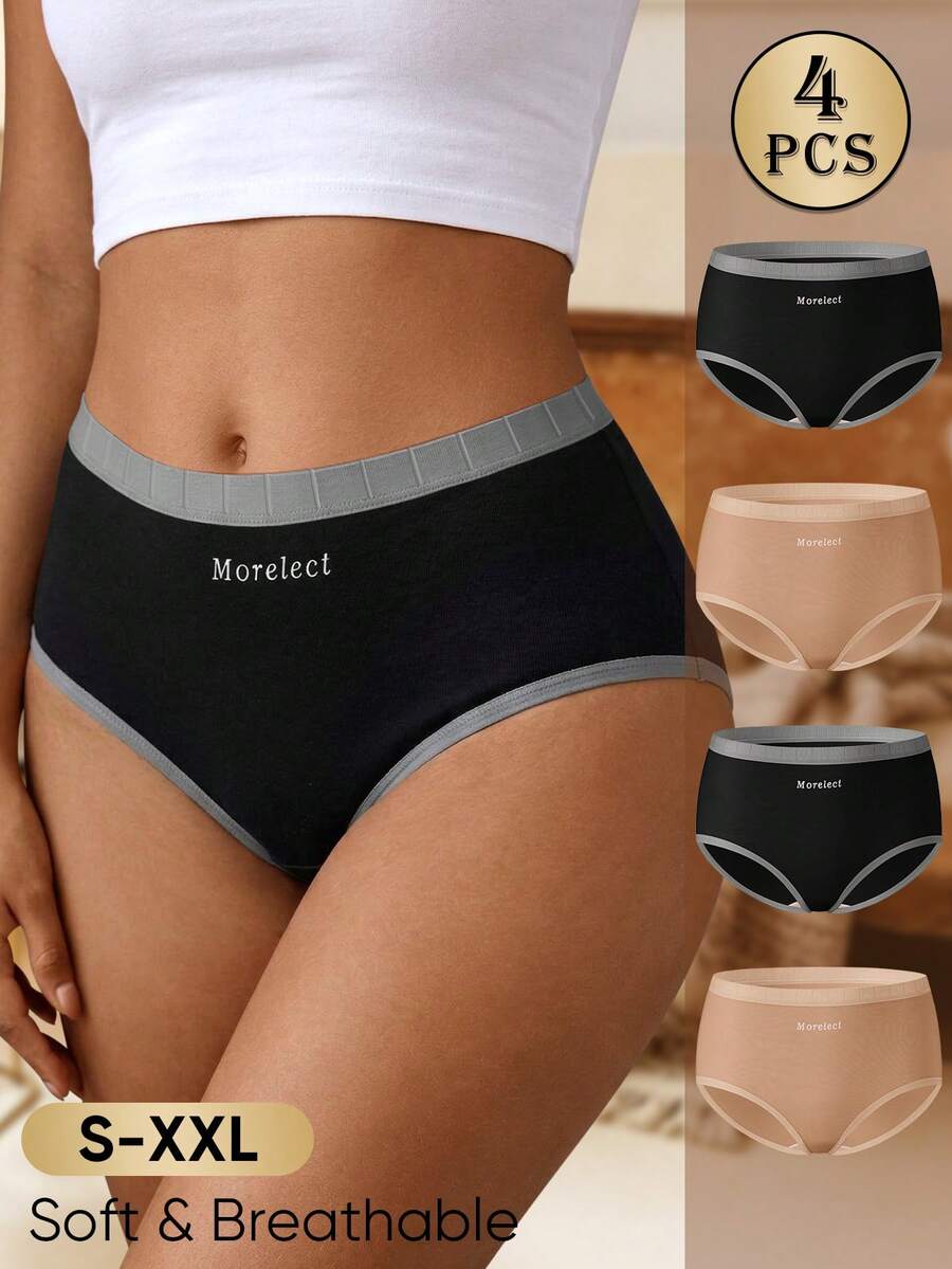 MEIYATING 4pcs Women's Triangle Panties, Mid-Low Waist, Cotton, Soft & Comfortable, English Print, Daily Shorts
