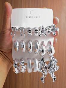 6/18PCS Women's Silver Bow Flower Water Drop Tassel Wide Hoop Exaggerated Metal Earrings, Essential For Mature Professional Women, Vintage Personalized Earrings Suitable For Mother's Day Gift, Daily Commute, Work, Music Festival, Party, Dance, Bar - Silver - View 1