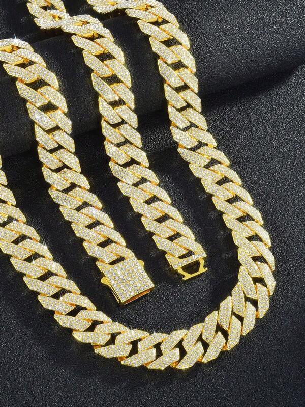Stylish Bling Cuban Chain Necklace For Men, Sparkling Paved Rhinestone Hip‑Hop Accessory, Ideal Birthday Party Gift For Him