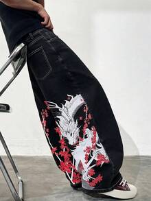 Justice Brother 1件韓式風格個性設計多色印花男士黑色丹寧牛仔褲 高街休閒寬腿褲 全季百搭寬鬆長褲（不含腰帶/配件） - 紅色 - 查看 4