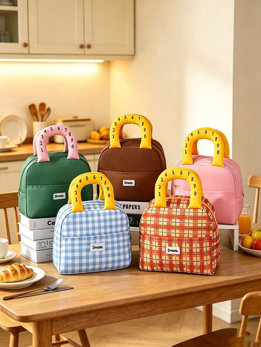 6/1pc Plaid/Solid Color Digital Print Handle Lunch Bag, Zipper Sealed Insulated Leak-Proof Portable Lunch Box, Suitable For School, Office, Picnic, Travel, Daily Use, All Seasons, Back To School Gift