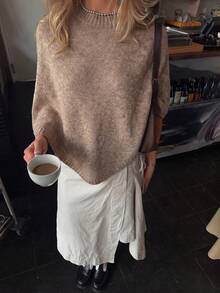 GLAMMY Autumn/Winter Commute Daily Cute Casual Khaki Cape Knit Top For Women, Asymmetrical Hem Fall - Khaki - View 7
