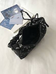 1件裝黑色印花蝴蝶結裝飾純色燈芯絨女款百褶法棍肩背包 - 黑色 - 查看 5