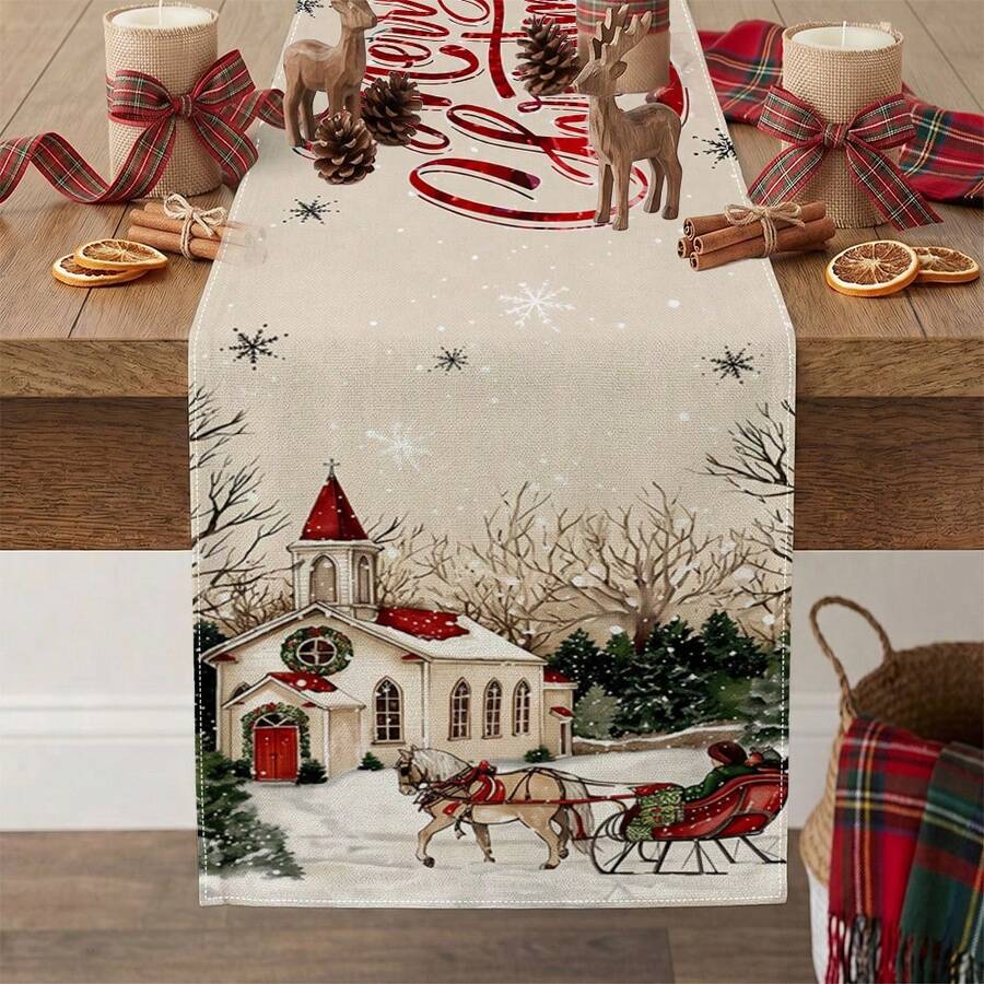 1pc Christmas Table Runner, Polyester, Vintage Rustic Style, Christmas Red House & Snowflake Design, Suitable For Winter Holiday Party Home Tabletop Decor,Home Decor,Christmas Decor,Party Supplies - Multicolor - View 1