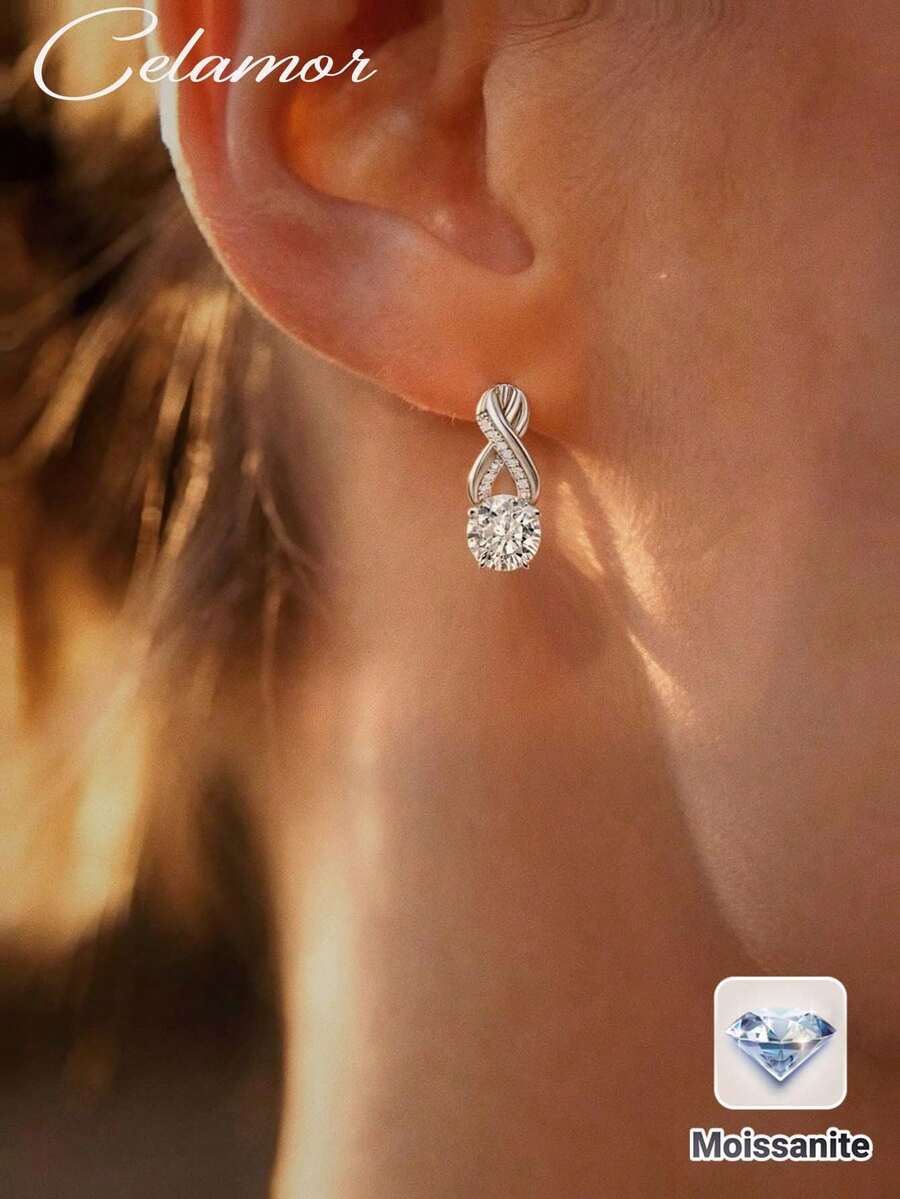 1件 S925 純銀 4.1CT 莫桑鑽法式奢華扭結高品質耳環 全水鑽包覆設計 高端日常商務通勤婚禮宴會派對穿搭 情人節生日禮物 - 銀色 - 查看 1