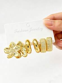 6-18pcs Fashionable Lightweight CCB Earrings Set, Including Teardrop, C-Shaped, Heart, Floral, Textured C-Shaped, Geometric Stud Earrings, Suitable For Women's Dates And Holidays, Exquisite Holiday Gift - Gold - View 6
