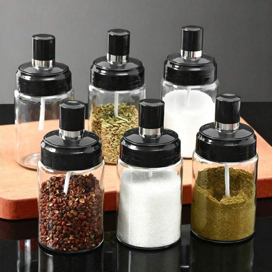 廚房密封調味料罐，附整合式湯匙蓋，密封香料瓶，廚房調味料儲存容器，適用於鹽、油、燒烤醬