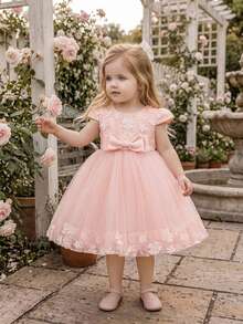 Baby Girls Princess Applique Bow Elegant Fluffy Princess Dress Suitable For Vacation, Headband Not Included - Pink - View 4