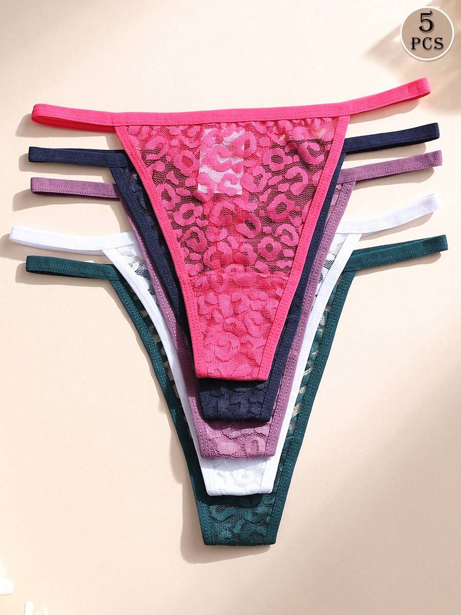 5件組女款性感蕾絲低腰丁字褲,舒適透氣T-Back內褲 - 彩色 - 查看 1