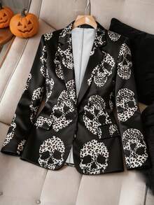 HOMEYEE Lapel Long Sleeve Halloween Skull Print Vintage Casual Holiday Daily Short Blazer Black Fall - Black - View 5