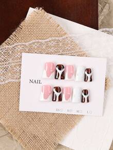 10pcs Duck Mouth Style Handmade Press-On Nails, Autumn/Winter Vintage Tortoiseshell Cream White Nude Pink Patchwork Manicure, European Hot Girl Style 3D Pearl Decor Detachable Fake Nails, No Baking Required Reusable Nail Stickers, Suitable For Girls' Autumn Outfits And Date Night Aesthetic Manicure - Coffee Brown - View 5