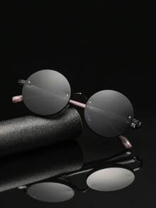 1 Pair Round Black Metal Unisex Glasses, Vintage Punk Street Style Fashion Eyewear, Suitable For Street Photography - Black - View 6