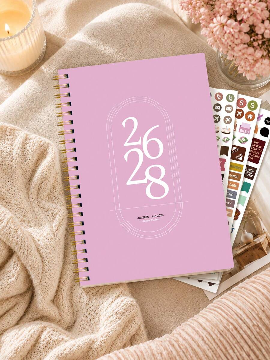 Trees July 2026–June 2028 24-Month Planner, 8.1 * 5.9 Inch A5 Black Spiral Monthly Calendar Notebook With Gold Coil And 3 Sticker Sheets For Desk Accessories Office Back To School Supplies - Pink - View 1