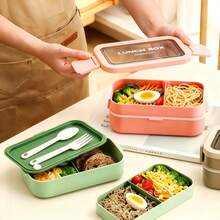 1pc Double-Layer Portable Lunch Box, Microwave ; Large Capacity Stackable Lunch Box, 1350ml; Includes Fork And Spoon Set; Pink Color - Multicolor - View 6