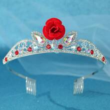 2pcs Red Rose Rhinestone Crown Headband & Fairy Wand Set, Silver Crystal Crown Headband With Side Comb, Wedding Birthday Cosplay Party Costume Accessories - Silver - View 12