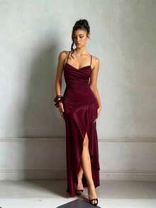 Summer Red Backless Ruffle Square Neck Party Dress, Elegant Dress Suitable For Dating, Vacation, Beach - Burgundy - View 3