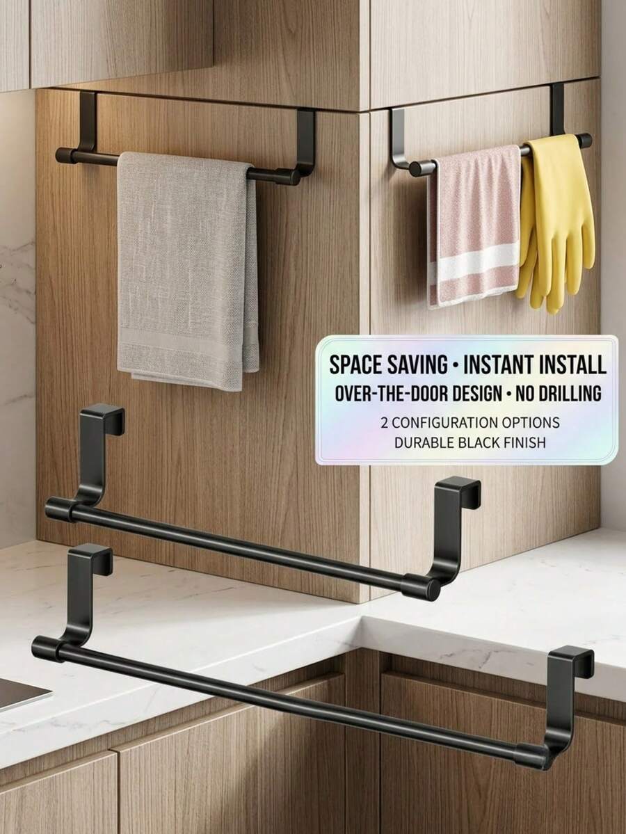 1pc Stainless Steel No-Drill Towel Rack, No-Punch Cabinet Door Hanging Towel Rack, Space-Saving Hanging Storage Organizer, Suitable For Kitchen Cabinets, Bathroom Washcloth Rack, Home Cleaning Cloth Rack, Kitchen Storage Accessories, Kitchen Storage Organizer, Kitchen Decor, Home, Kitchen Storage Organizer, Kitchen Accessories, Kitchen Storage Rack, College Essentials, Kitchen Storage Organizer - Black - View 1