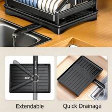 1PCS 2-Tier Carbon Steel Dish Drying Rack Dish Drainer Large Capacity With Drip Tray And Cutlery Holder, Space-Saving For Kitchen Counter - Black - View 9