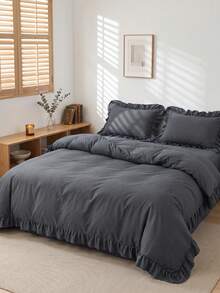 2/3pcs Ruffle Duvet Cover Set, Dorm Bedding, Grey Bedding Set, Cozy Room Decor, Skin-Friendly Breathable, Super Soft Anti-Pilling, Duvet Insert Not Included, Suitable For Twin/Full/Queen/King Size Bed, All Season, Machine Washable, Back To School - Grey - View 2