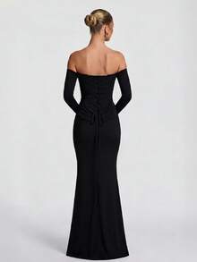 Elegant Women's Black Long Sleeve Off-Shoulder Formal Dress, Ruched Waist Design, Perfect For Evening Parties And Events,  Made Of Medium Stretch - Black - View 6