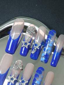 CrystalHola 10pcs Handmade Fully Covered Coffin Nails Press On Nails,Y2K Sweet Style. Blue & Nude With Stars, Rhinestones, And French Tip Nails. Three Sizes, Fits Parties, Weddings And Wear Daily. Reusable, With Jelly Glue & Nail File. A Great Gift For Girls - Multicolor - View 4
