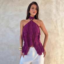 Women's Purple Chiffon Halter Top, With Metal Clasp And Multiple Ruffles, Sheer Backless Blouse For Parties And Date Nights - 深洋紅色 - 查看 9