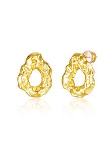 1pc European And American Niche Style Asymmetrical Textured Hollow Stud Earrings, Copper Plated Gold Liquid Wrinkle Asymmetric Round Hoop Earrings, Premium Versatile Commuter Artistic Elegant Ear Jewelry - Gold - View 7