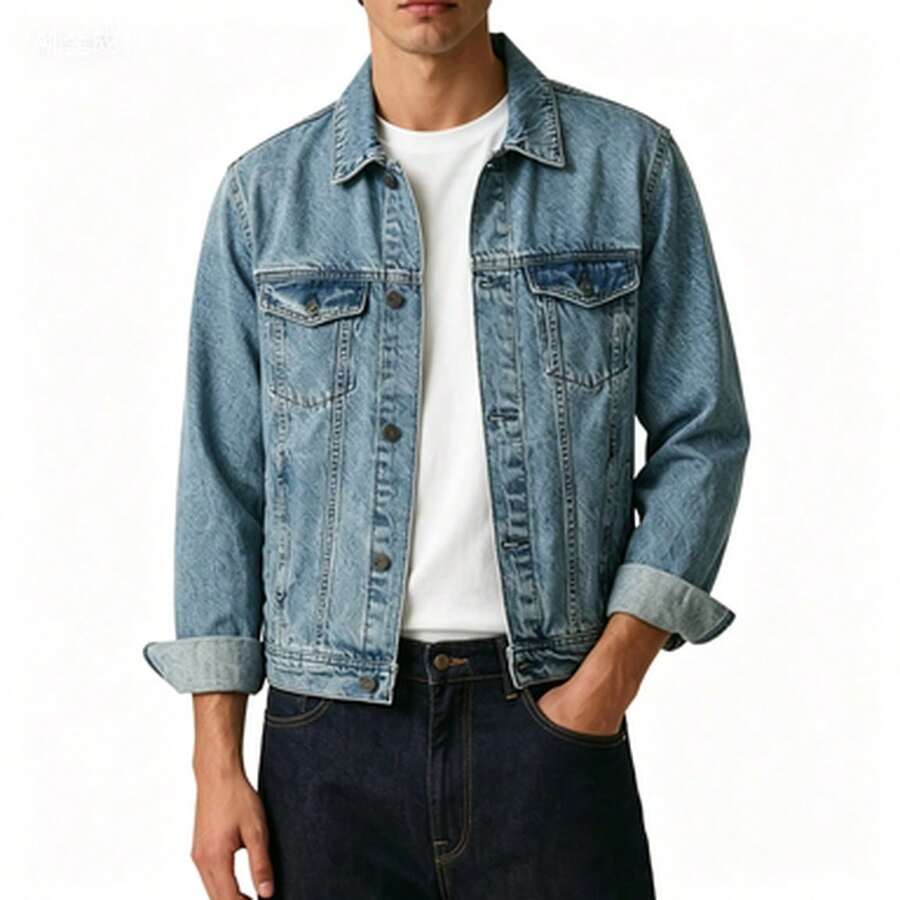 Chaqueta vaquera casual de corte ajustado para hombre, chaqueta acolchada a cuadros con estilo retro lavado: el regalo ideal para padres, hermanos y novios en sus cumpleaños o vacaciones. - Light Blue - Ver 1