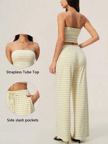 TimeOff Women's One Set Striped Strapless Bandeau Tank Top With Waist Drawstring And Side Pockets Wide Leg Pants 2 Pieces Set - Yellow - View 3