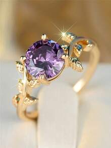 1pc Retro Floral Design Purple Cubic Zirconia Gold-Plated Copper Alloy Ring, Suitable For Mother's Day, Festivals, Daily Wear, All Season - Purple - View 5