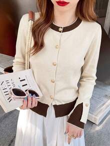 Contrast Color Round Neck Knit Cardigan Women Spring Autumn, Luxury Metal Button Color Block Long Sleeve Commuter Top, Suitable For Daily Wear Or Layering Under Blazer - Apricot - View 3