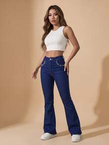 pthirillo Women Jeans - 水鑽及珍珠口袋花卉三件套 - 查看 2