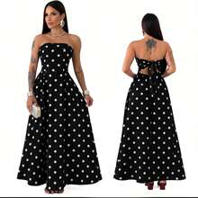 Elegant Premium Tailored Strapless Long Dress With Back Tie-Up, Trending Polka Dot - 黑與白 - 查看 1