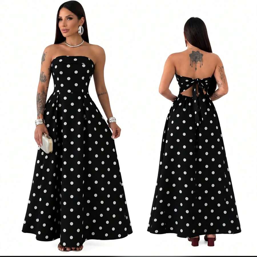 Elegant Premium Tailored Strapless Long Dress With Back Tie-Up, Trending Polka Dot - 黑與白 - 查看 1