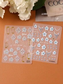 2片裝指甲浮雕貼紙 藍色花朵透明花瓣線條 金色圓框設計 滑動式 夏日魅力美甲貼花 美甲用品與裝飾 - 彩色 - 查看 8