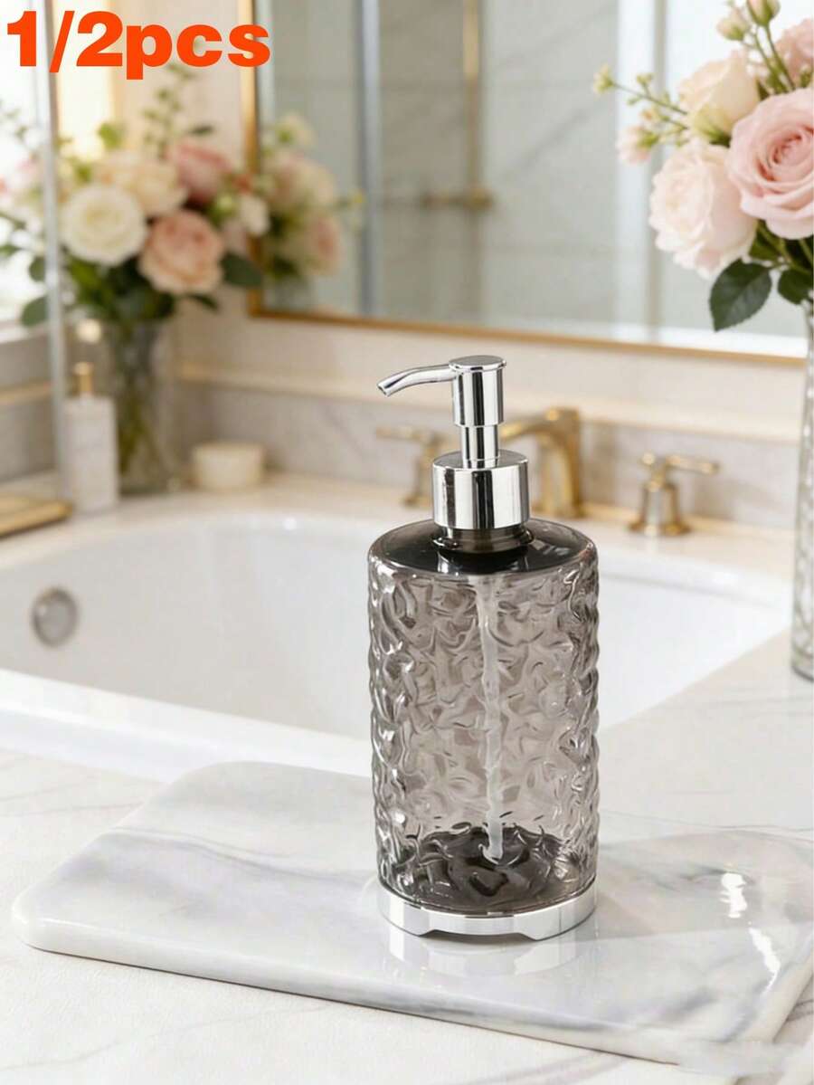 1/2pcs Smoke Gray Hammered Texture Refillable Hand Soap Dispenser Bottles, Modern Bathroom Liquid Soap Pump Bottles With Rust-Resistant Plated Pump Head - Round - View 1
