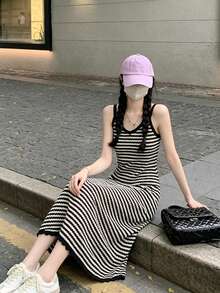 女士休闲条纹吊带连衣裙，百搭优雅，适合夏季穿着 - 杏色 - 查看 5