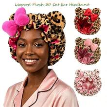 Syvvste Bando Telinga Kucing 3D Motif Leopard, Topi Rambut Lembut Cepat Kering untuk Tidur, Cocok untuk Perawatan Rambut Sehari-hari dan Malam Hari - Macan Tutul - View 2