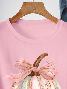 Cartoon Pumpkin Pattern Print, Pink And Blue Glitter Women's Casual Short Sleeve Round Neck T-Shirt - Baby Pink - View 3
