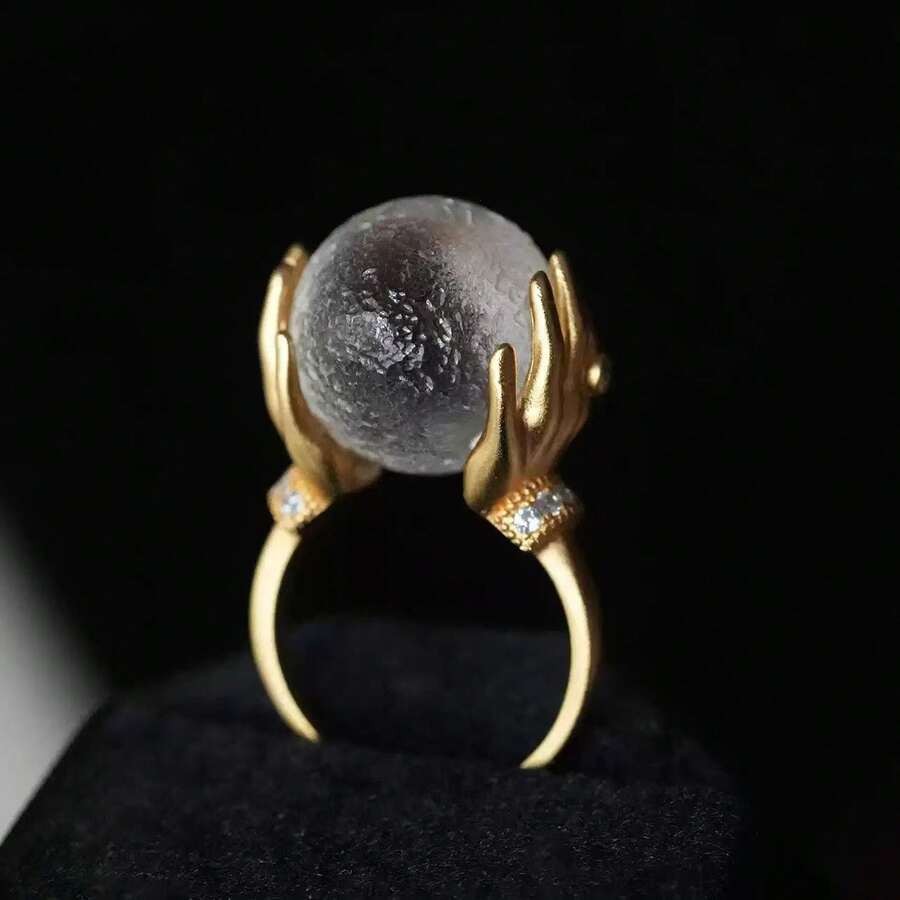 1pc Women's Creative Luxury Hands Holding Moon Ball Index Finger Ring, Open Adjustable, Unique Niche Crystal Rhinestone Embellished "Hold You In My Hands" Ring - Moon Ring In Hand - View 1