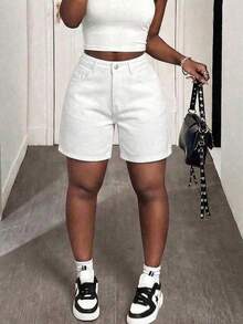 女款純色百慕大牛仔短褲 休閒白色 夏季度假風 - 白色 - 查看 8