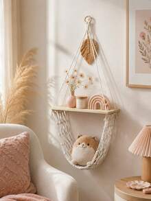1pc Cream White Decorative Hanging Storage Rack Bohemian Farmhouse Style Triangle Hanging Design Tassel Net Hammock Display Storage Rack Plush Doll Storage Display Rack Bedroom Nursery Living Room Game Room Apartment Home Decor Wall Shelf - Beige - View 10